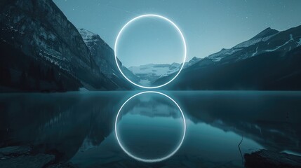 abstract minimalistic photography, night sky with stars and circle glowing neon white frame on the lake surrounded by mountains, reflections,