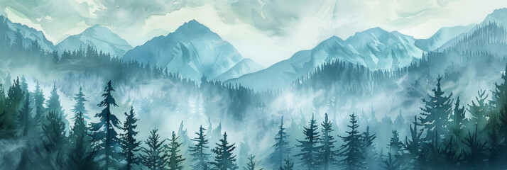 Watercolor landscape with foggy mountains, pine forest and clouds in sky, detailed illustration by Nene Thomas