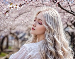Naklejka premium Woman with long blonde hair under cherry blossom tree