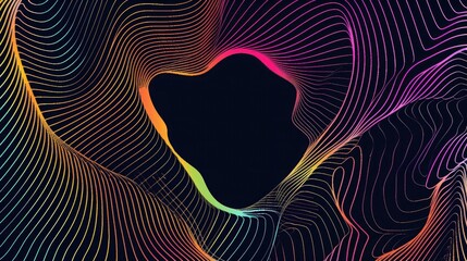 Abstract vector line art of rainbow gradient waves on a black background with a circular hole in the center,
