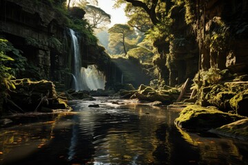 Hidden waterfall between trees and stones., generative IA