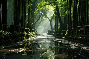 Obraz premium Bamboo Forest Ethereal atmosphere with tall and thin trunks., generative IA