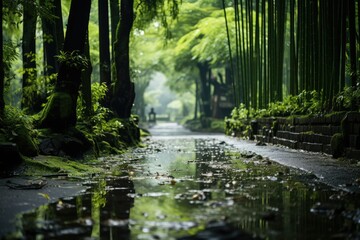 Obraz premium Bamboo Forest Ethereal atmosphere with tall and thin trunks., generative IA