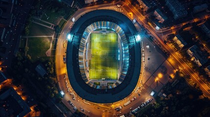 aerial view of the oval shape stadium, night time, soccer field in center, stands on sides, night lights around the stadium, drone photography, high resolution