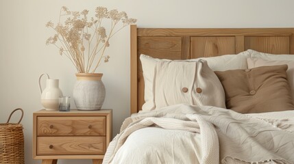 Beautiful bedroom interior with a wooden bedside table and beige bed in a luxury modern style.