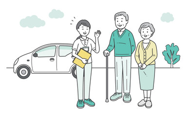 外で会話をする介護福祉士かケアマネージャーの女性と高齢夫婦のイラスト