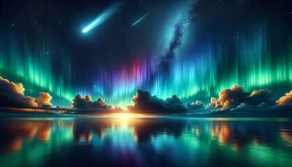 オーロラ　流れ星｜ Aurora shooting stars Generative AI