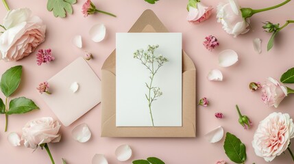 Wedding invitation or greeting card mockup, flat lay with flowers on paper background