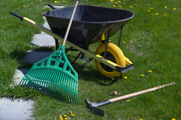 A green rake and a black wheelbarrow are on a grassy lawn