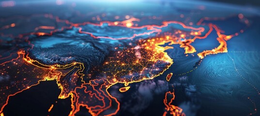 3d rendering of map of china with city lights glowing.