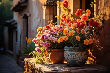 Fototapeta premium Decorative window surrounded by vibrant flowers., generative IA