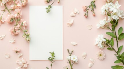 Wedding invitation or greeting card mockup, flat lay with flowers on paper background