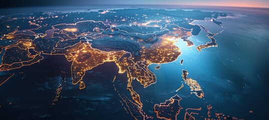 3d rendering of map of china with city lights glowing.