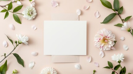 Wedding invitation or greeting card mockup, flat lay with flowers on paper background