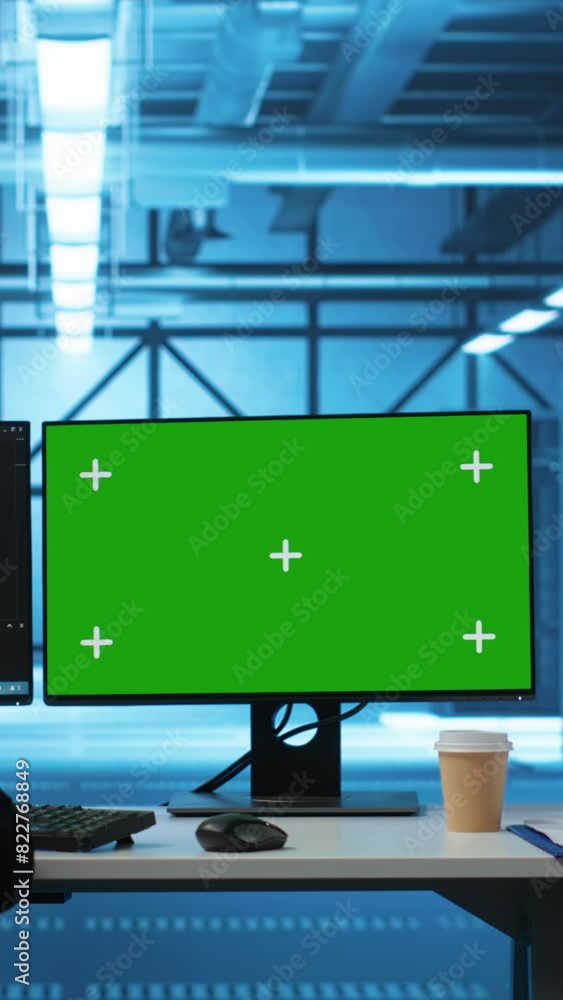 Poster vertical video it support workers in data center coding on green screen computers, upgrading equipme