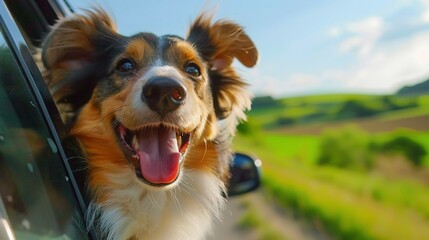 Car Ride Joy: Dog Enjoying Road Trip with Head Out the Window
