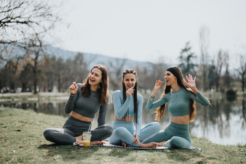 Three cheerful friends having a fun conversation while relaxing in active wear on a sunny day at...