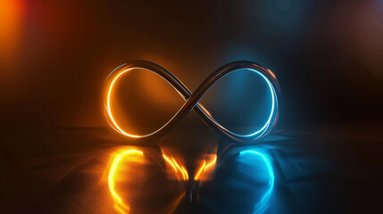 Abstract glowing infinity sign on black background with copy space, blue and orange light effect