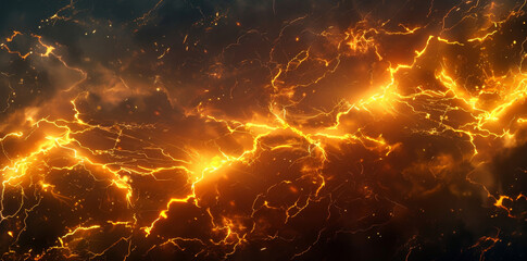 Lightning, thunderstorm and fire background. Glowing yellow lightning in the dark sky with thunder storm texture. Illustration of lightnings, energy concept