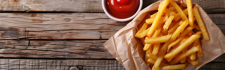 French fries on a wooden table yummy potatofries crispyfries fast food savory treat