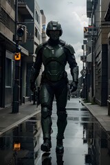 Naklejka premium IMAGE IA, FUTURISTIC SOLDIER WALKING THROUGH THE CITY,