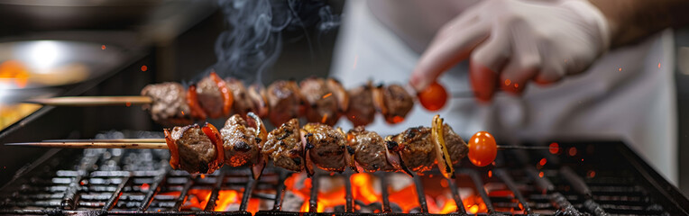 Shish kebab on the grill grilled meat with vegetables shashlik kebab on skewers wooden kitchen board
