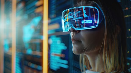  the future of business as a businesswoman engages in a virtual meeting, using AR glasses to interact with holographic data.