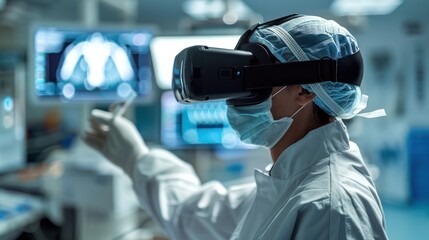 medical research with a doctor using virtual reality to develop new surgical techniques in a high-tech lab, showcasing innovation in medical science.
