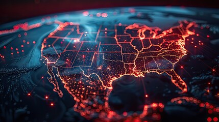 Marvel at this abstract view of North America from space, showcasing vibrant red fiber optic cables emerging from major cities, symbolizing digital connectivity and modern infrastructure.