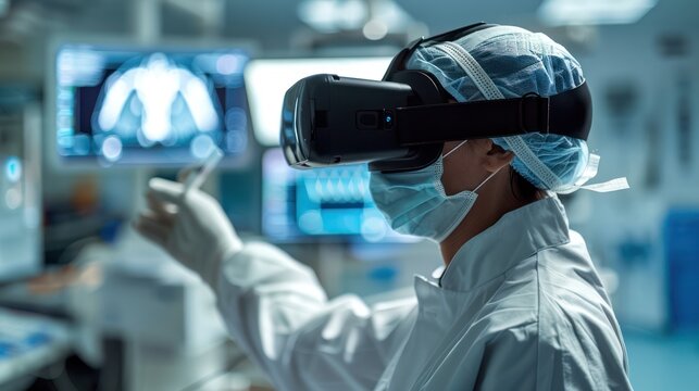 medical research with a doctor using virtual reality to develop new surgical techniques in a high-tech lab, showcasing innovation in medical science.