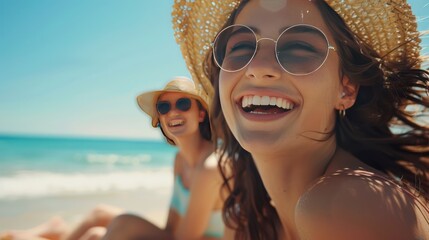 Capture the joy of friends laughing under the sun on a carefree beach vacation. Perfect for those unforgettable summer moments filled with fun and laughter.