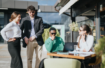 A diverse group of business professionals collaborates at an outdoor cafe, discussing strategies for sales and marketing growth.