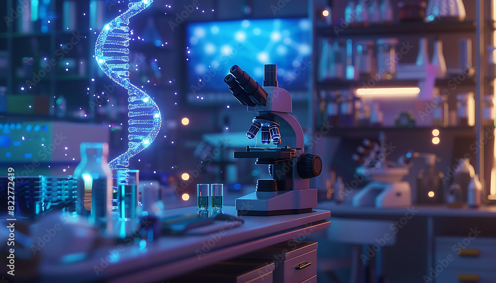 Poster sophisticated laboratory environment with a focus on genetic research, featuring a microscope on a t