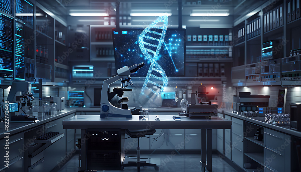 Poster sophisticated laboratory environment with a focus on genetic research, featuring a microscope on a table, surrounded by scientific equipment and a digital DNA double helix floating in the air