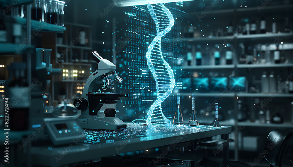 Poster sophisticated laboratory environment with a focus on genetic research, featuring a microscope on a t