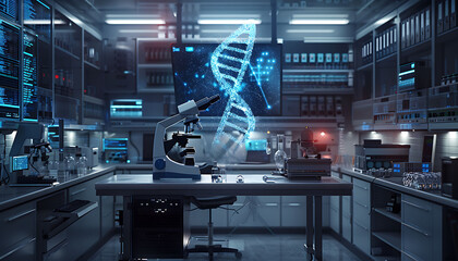 sophisticated laboratory environment with a focus on genetic research, featuring a microscope on a table, surrounded by scientific equipment and a digital DNA double helix floating in the air