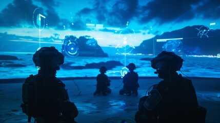 A team of players strategizing in an augmented reality war game projected onto a deserted island.