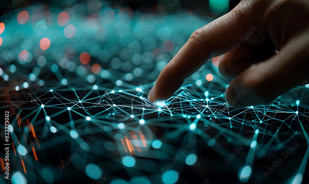 Fototapete Futuristic scene with a finger touching a virtual screen filled with interconnected nodes and lines, representing digital technology, internet network connection, and data exchange