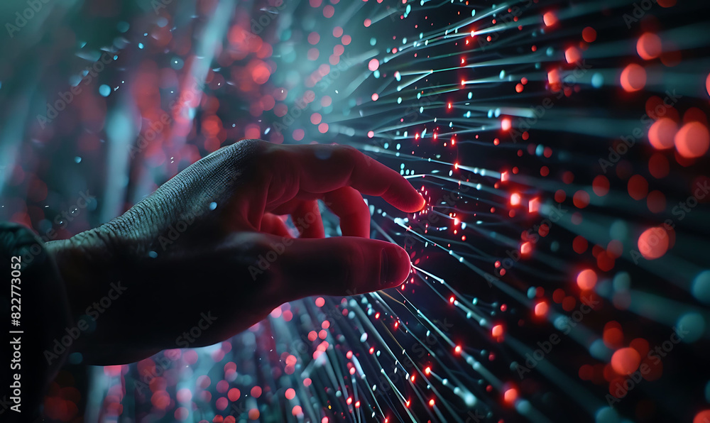 Fototapete Futuristic scene with a finger touching a virtual screen filled with interconnected nodes and lines, representing digital technology, internet network connection, and data exchange