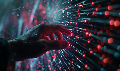 Futuristic scene with a finger touching a virtual screen filled with interconnected nodes and lines, representing digital technology, internet network connection, and data exchange