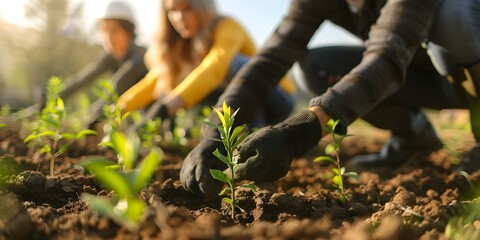 Volunteers planting trees for ecofriendly reforestation to save environment and ecosystems. Concept Volunteers, Tree Planting, Ecofriendly, Reforestation, Environment Ecosystems