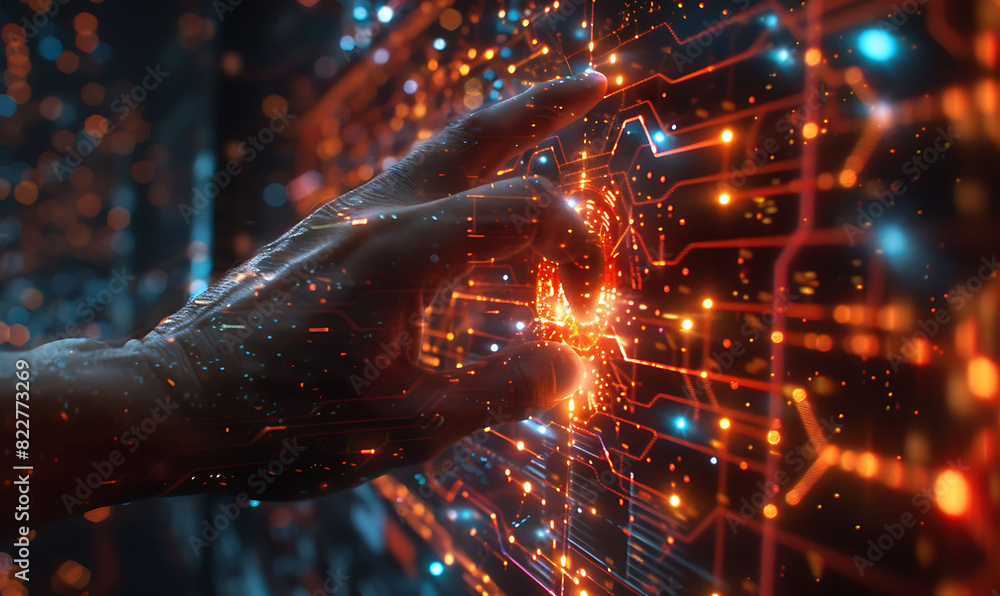 Aufkleber Close-up of a hand interacting with a virtual screen, showcasing glowing nodes and lines symbolizing internet connectivity and digital transformation, set against a futuristic background