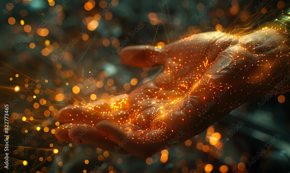 Aufkleber Close-up of a hand interacting with a virtual screen, showcasing glowing nodes and lines symbolizing internet connectivity and digital transformation, set against a futuristic background