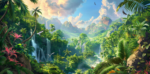 An illustration of an exotic jungle landscape with towering trees, lush greenery, and distant mountains under the bright sunlight