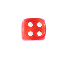 One red game dice isolated on white, top view