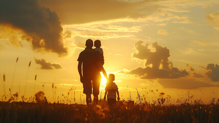 silueta de un papa con sus hijos caminando en un parque al atardecer al aire libre festejando el dia del padre