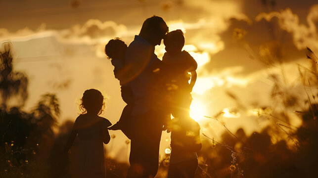 demostraci&oacute;n de amor de un padre a sus hijos en su dia del padre amor incondicional hijos felices y alegres al aire libre en un hermoso atardecer