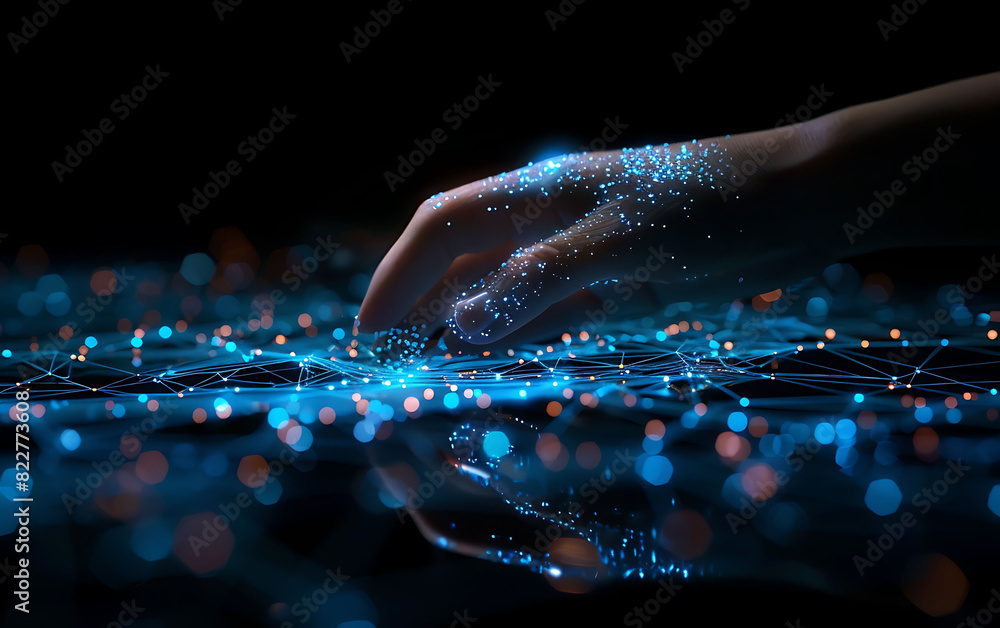 Poster futuristic interface showing a finger interacting with a virtual network of glowing nodes and lines,