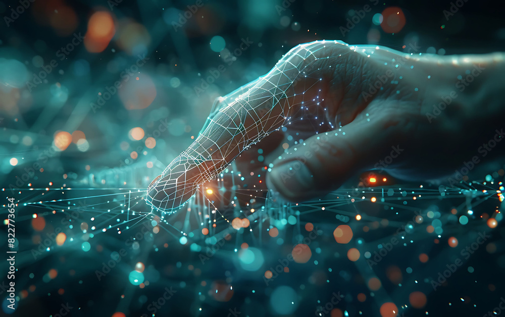 Poster futuristic interface showing a finger interacting with a virtual network of glowing nodes and lines,