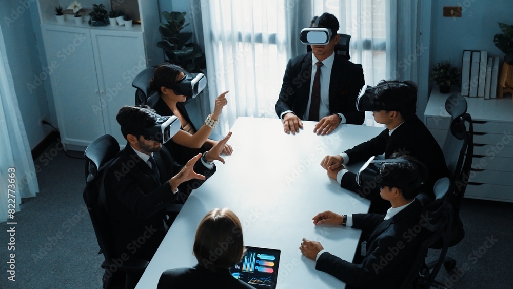 Poster top view of manager working on laptop and sending data analysis to business people by using vr glass